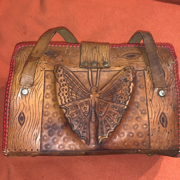 Vintage 1960’s “Butterfly” Hand tooled Leather Handbag 👜 red Stitching - Picture 7 of 12